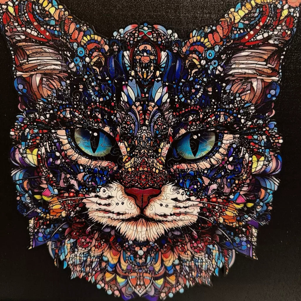 Mystic Cat Wooden Puzzle, Colorful Shaped Jigsaw in Gift Box
