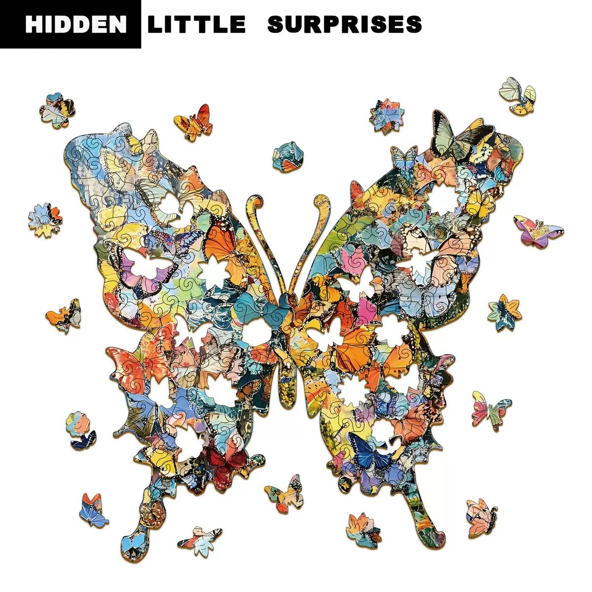 Butterfly Garden Wooden Puzzle, Colorful Shaped Jigsaw with Display Box