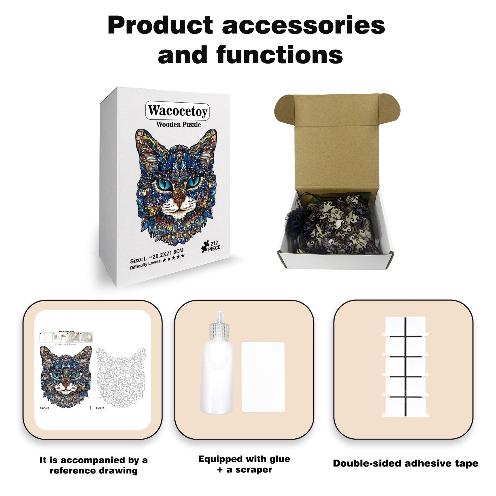 Mystic Cat Wooden Puzzle, Colorful Shaped Jigsaw in Gift Box