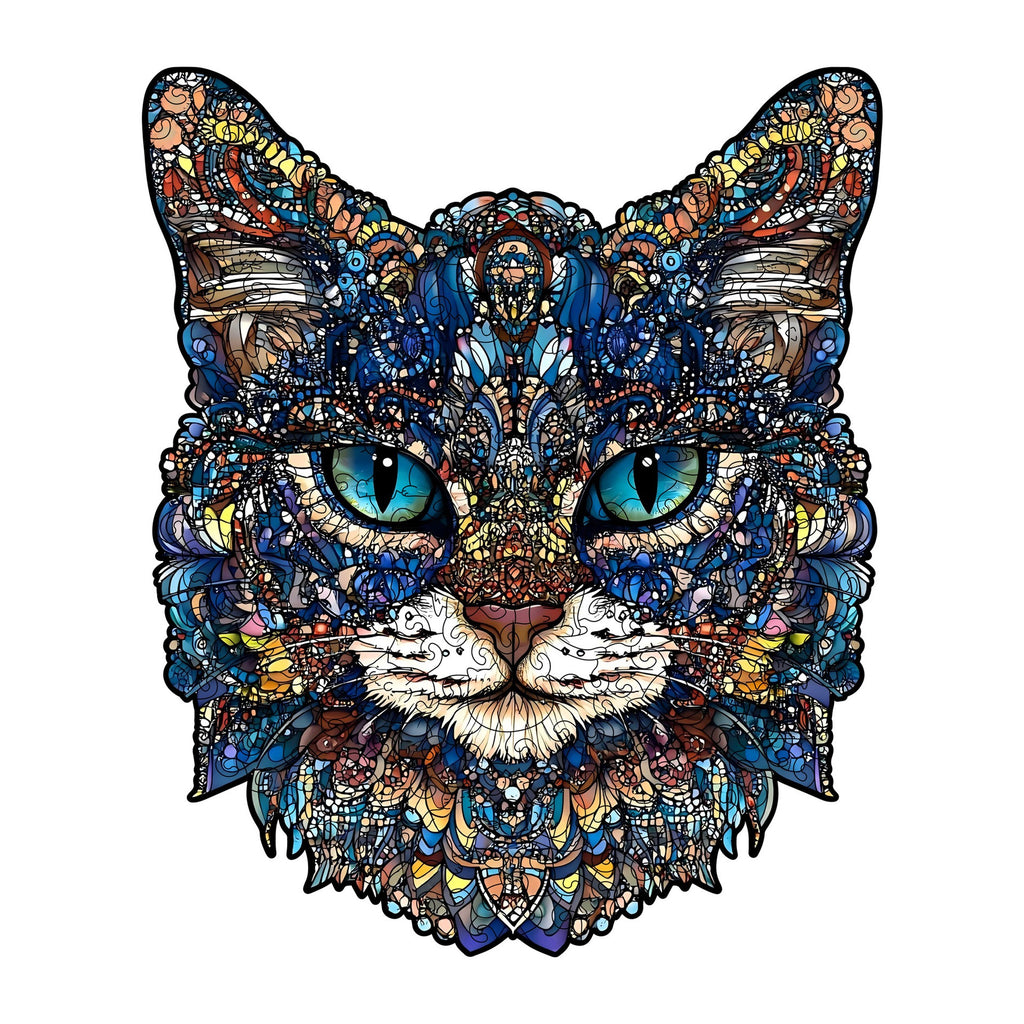 Mystic Cat Wooden Puzzle, Colorful Shaped Jigsaw in Gift Box